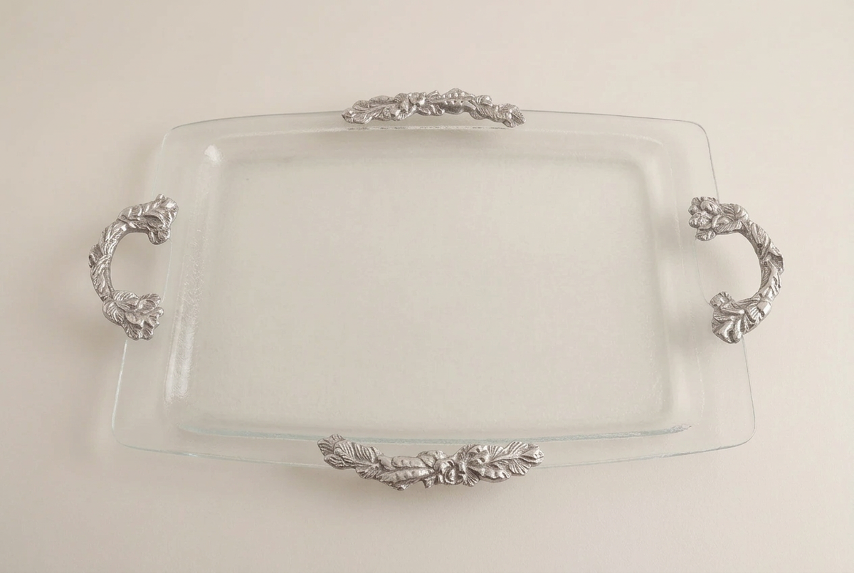 Silver Bloom Serving Tray with a collection-matched background